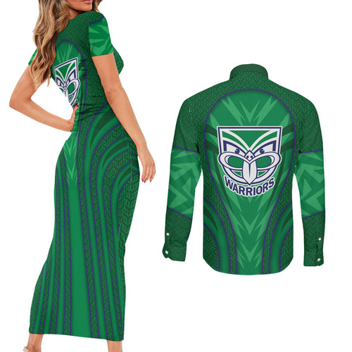 New Zealand Warriors Rugby Mascot Couples Matching Short Sleeve Bodycon Dress and Long Sleeve Button Shirt Australian Rugby Culture - Tribal Inspired Warrior