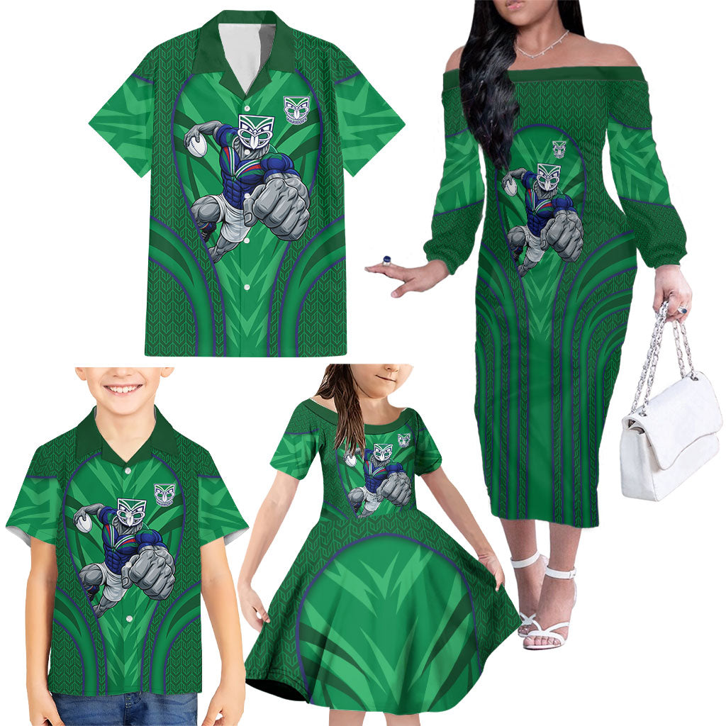 New Zealand Warriors Rugby Mascot Family Matching Off The Shoulder Long Sleeve Dress and Hawaiian Shirt Australian Rugby Culture - Tribal Inspired Warrior