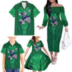 New Zealand Warriors Rugby Mascot Family Matching Off The Shoulder Long Sleeve Dress and Hawaiian Shirt Australian Rugby Culture - Tribal Inspired Warrior