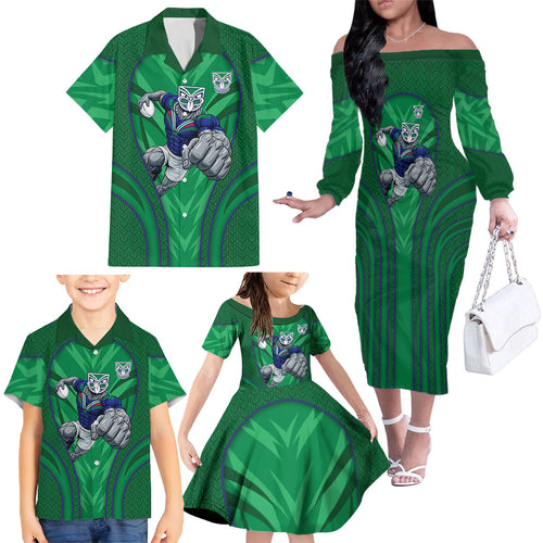 New Zealand Warriors Rugby Mascot Family Matching Off The Shoulder Long Sleeve Dress and Hawaiian Shirt Australian Rugby Culture - Tribal Inspired Warrior