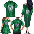 New Zealand Warriors Rugby Mascot Family Matching Off The Shoulder Long Sleeve Dress and Hawaiian Shirt Australian Rugby Culture - Tribal Inspired Warrior
