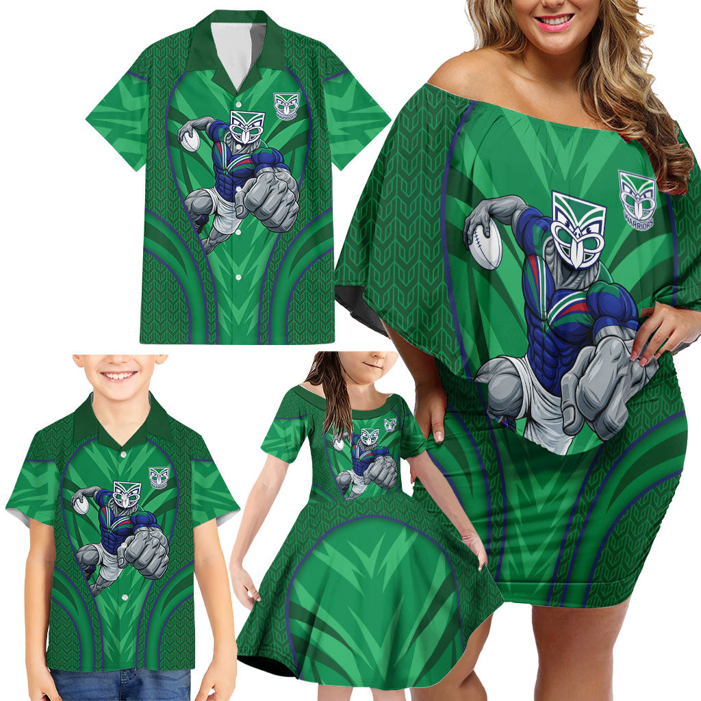 New Zealand Warriors Rugby Mascot Family Matching Off Shoulder Short Dress and Hawaiian Shirt Australian Rugby Culture - Tribal Inspired Warrior