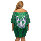 New Zealand Warriors Rugby Mascot Family Matching Off Shoulder Short Dress and Hawaiian Shirt Australian Rugby Culture - Tribal Inspired Warrior