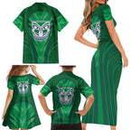 New Zealand Warriors Rugby Mascot Family Matching Short Sleeve Bodycon Dress and Hawaiian Shirt Australian Rugby Culture - Tribal Inspired Warrior
