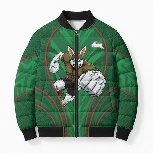 South Sydney Rabbitohs Rugby Mascot Bomber Puffer Jacket Australian Rugby Culture - Tribal Inspired Bunny