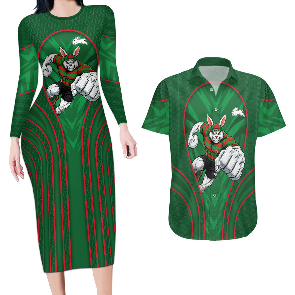 South Sydney Rabbitohs Rugby Mascot Couples Matching Long Sleeve Bodycon Dress and Hawaiian Shirt Australian Rugby Culture - Tribal Inspired Bunny