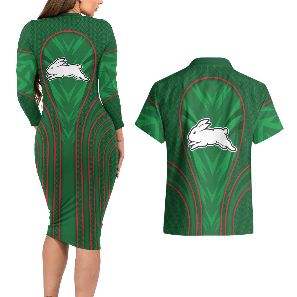 South Sydney Rabbitohs Rugby Mascot Couples Matching Long Sleeve Bodycon Dress and Hawaiian Shirt Australian Rugby Culture - Tribal Inspired Bunny
