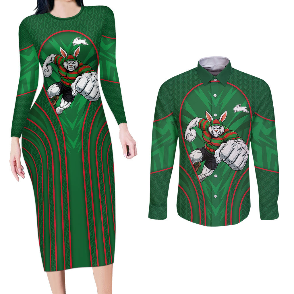 South Sydney Rabbitohs Rugby Mascot Couples Matching Long Sleeve Bodycon Dress and Long Sleeve Button Shirt Australian Rugby Culture - Tribal Inspired Bunny