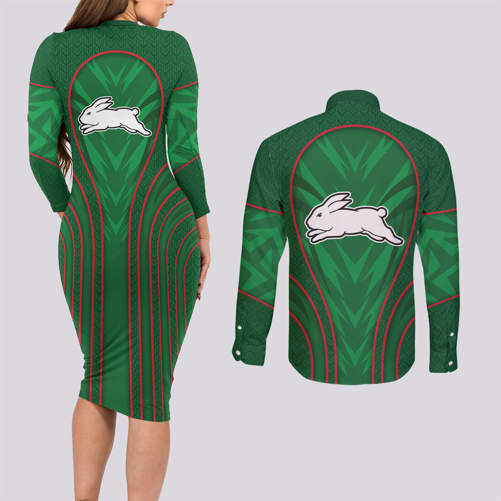 South Sydney Rabbitohs Rugby Mascot Couples Matching Long Sleeve Bodycon Dress and Long Sleeve Button Shirt Australian Rugby Culture - Tribal Inspired Bunny