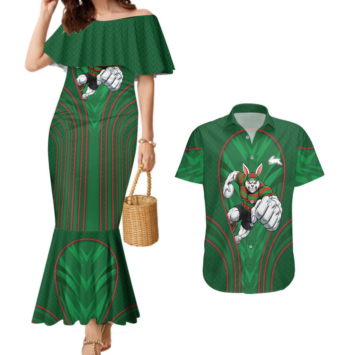 South Sydney Rabbitohs Rugby Mascot Couples Matching Mermaid Dress and Hawaiian Shirt Australian Rugby Culture - Tribal Inspired Bunny