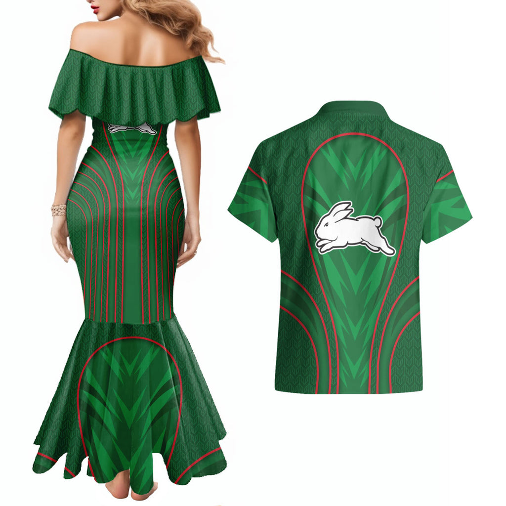 South Sydney Rabbitohs Rugby Mascot Couples Matching Mermaid Dress and Hawaiian Shirt Australian Rugby Culture - Tribal Inspired Bunny