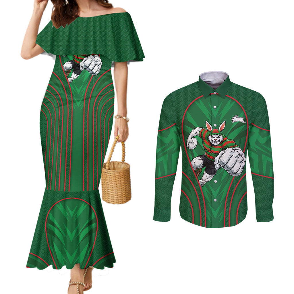 South Sydney Rabbitohs Rugby Mascot Couples Matching Mermaid Dress and Long Sleeve Button Shirt Australian Rugby Culture - Tribal Inspired Bunny