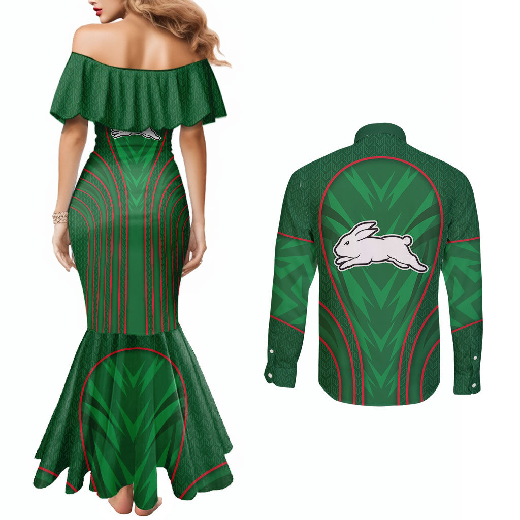 South Sydney Rabbitohs Rugby Mascot Couples Matching Mermaid Dress and Long Sleeve Button Shirt Australian Rugby Culture - Tribal Inspired Bunny