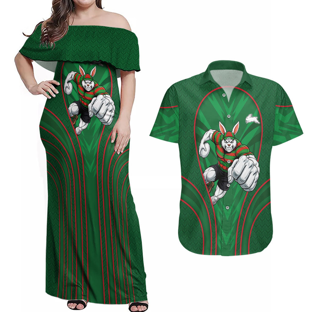 South Sydney Rabbitohs Rugby Mascot Couples Matching Off Shoulder Maxi Dress and Hawaiian Shirt Australian Rugby Culture - Tribal Inspired Bunny