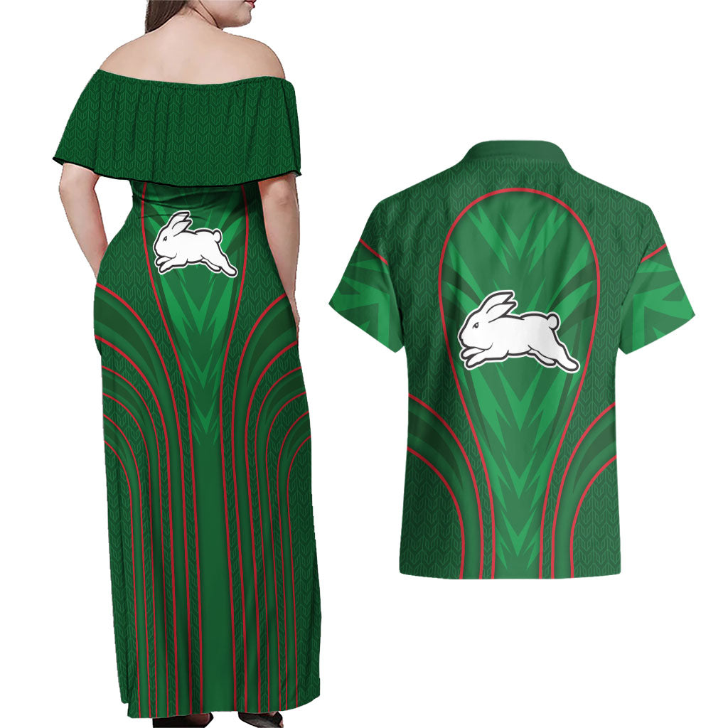 South Sydney Rabbitohs Rugby Mascot Couples Matching Off Shoulder Maxi Dress and Hawaiian Shirt Australian Rugby Culture - Tribal Inspired Bunny