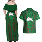 South Sydney Rabbitohs Rugby Mascot Couples Matching Off Shoulder Maxi Dress and Hawaiian Shirt Australian Rugby Culture - Tribal Inspired Bunny