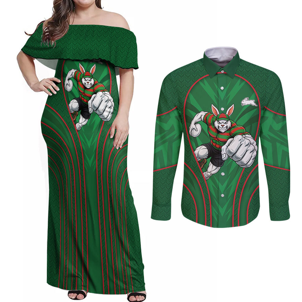 South Sydney Rabbitohs Rugby Mascot Couples Matching Off Shoulder Maxi Dress and Long Sleeve Button Shirt Australian Rugby Culture - Tribal Inspired Bunny