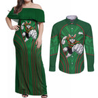 South Sydney Rabbitohs Rugby Mascot Couples Matching Off Shoulder Maxi Dress and Long Sleeve Button Shirt Australian Rugby Culture - Tribal Inspired Bunny