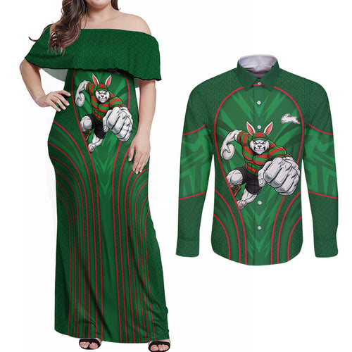 South Sydney Rabbitohs Rugby Mascot Couples Matching Off Shoulder Maxi Dress and Long Sleeve Button Shirt Australian Rugby Culture - Tribal Inspired Bunny