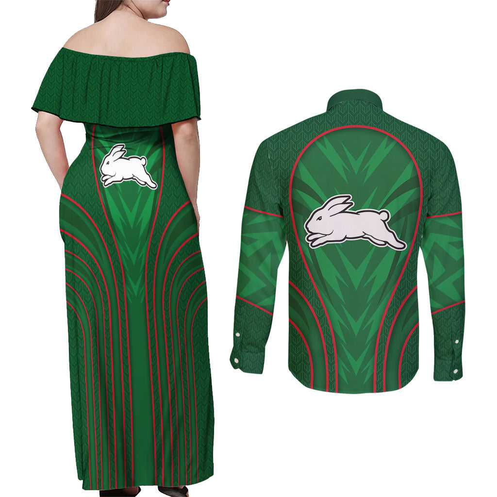 South Sydney Rabbitohs Rugby Mascot Couples Matching Off Shoulder Maxi Dress and Long Sleeve Button Shirt Australian Rugby Culture - Tribal Inspired Bunny