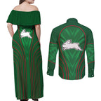 South Sydney Rabbitohs Rugby Mascot Couples Matching Off Shoulder Maxi Dress and Long Sleeve Button Shirt Australian Rugby Culture - Tribal Inspired Bunny