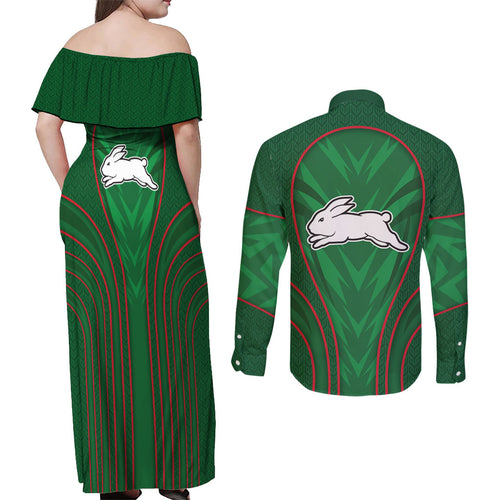 South Sydney Rabbitohs Rugby Mascot Couples Matching Off Shoulder Maxi Dress and Long Sleeve Button Shirt Australian Rugby Culture - Tribal Inspired Bunny