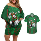 South Sydney Rabbitohs Rugby Mascot Couples Matching Off Shoulder Short Dress and Hawaiian Shirt Australian Rugby Culture - Tribal Inspired Bunny