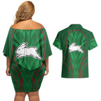 South Sydney Rabbitohs Rugby Mascot Couples Matching Off Shoulder Short Dress and Hawaiian Shirt Australian Rugby Culture - Tribal Inspired Bunny
