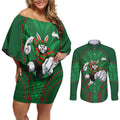 South Sydney Rabbitohs Rugby Mascot Couples Matching Off Shoulder Short Dress and Long Sleeve Button Shirt Australian Rugby Culture - Tribal Inspired Bunny