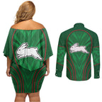 South Sydney Rabbitohs Rugby Mascot Couples Matching Off Shoulder Short Dress and Long Sleeve Button Shirt Australian Rugby Culture - Tribal Inspired Bunny