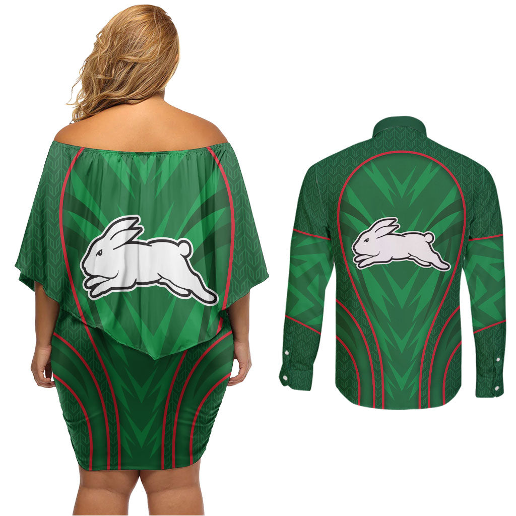 South Sydney Rabbitohs Rugby Mascot Couples Matching Off Shoulder Short Dress and Long Sleeve Button Shirt Australian Rugby Culture - Tribal Inspired Bunny