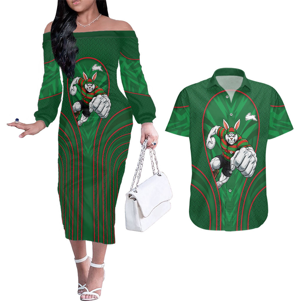 South Sydney Rabbitohs Rugby Mascot Couples Matching Off The Shoulder Long Sleeve Dress and Hawaiian Shirt Australian Rugby Culture - Tribal Inspired Bunny