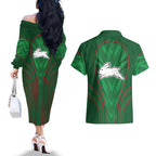 South Sydney Rabbitohs Rugby Mascot Couples Matching Off The Shoulder Long Sleeve Dress and Hawaiian Shirt Australian Rugby Culture - Tribal Inspired Bunny
