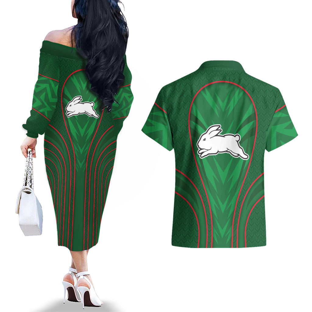 South Sydney Rabbitohs Rugby Mascot Couples Matching Off The Shoulder Long Sleeve Dress and Hawaiian Shirt Australian Rugby Culture - Tribal Inspired Bunny