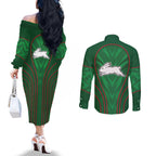 South Sydney Rabbitohs Rugby Mascot Couples Matching Off The Shoulder Long Sleeve Dress and Long Sleeve Button Shirt Australian Rugby Culture - Tribal Inspired Bunny