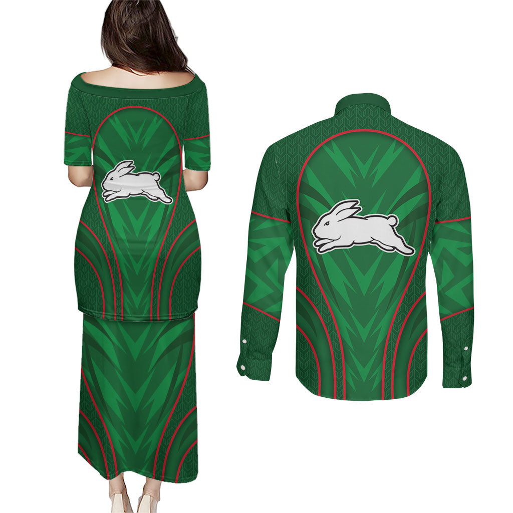 South Sydney Rabbitohs Rugby Mascot Couples Matching Puletasi and Long Sleeve Button Shirt Australian Rugby Culture - Tribal Inspired Bunny