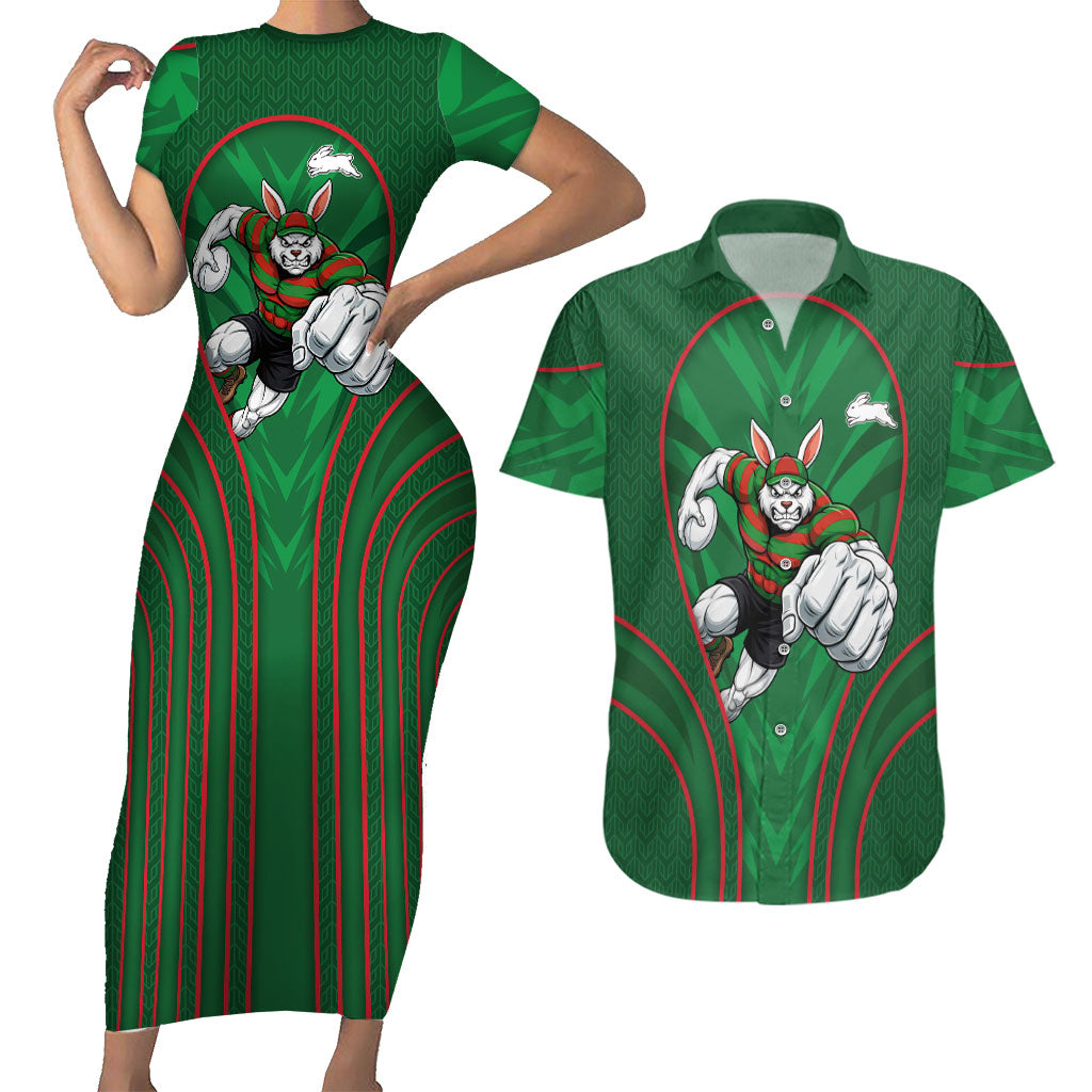 South Sydney Rabbitohs Rugby Mascot Couples Matching Short Sleeve Bodycon Dress and Hawaiian Shirt Australian Rugby Culture - Tribal Inspired Bunny