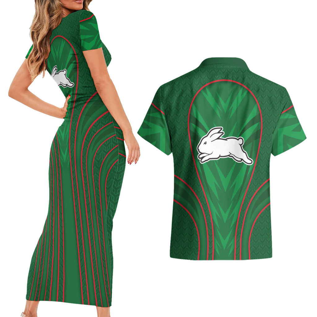 South Sydney Rabbitohs Rugby Mascot Couples Matching Short Sleeve Bodycon Dress and Hawaiian Shirt Australian Rugby Culture - Tribal Inspired Bunny