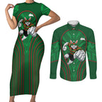 South Sydney Rabbitohs Rugby Mascot Couples Matching Short Sleeve Bodycon Dress and Long Sleeve Button Shirt Australian Rugby Culture - Tribal Inspired Bunny