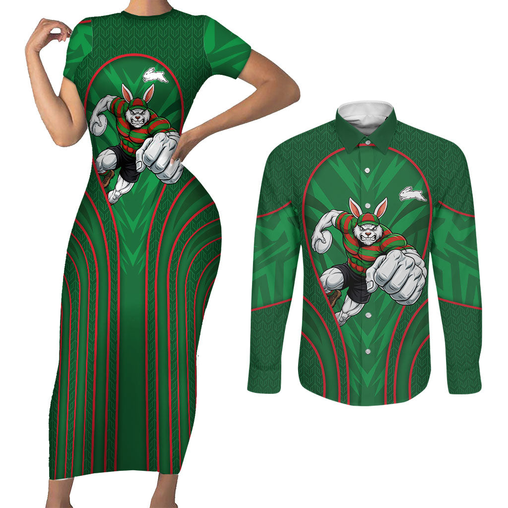 South Sydney Rabbitohs Rugby Mascot Couples Matching Short Sleeve Bodycon Dress and Long Sleeve Button Shirt Australian Rugby Culture - Tribal Inspired Bunny