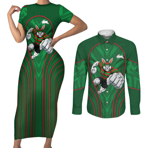 South Sydney Rabbitohs Rugby Mascot Couples Matching Short Sleeve Bodycon Dress and Long Sleeve Button Shirt Australian Rugby Culture - Tribal Inspired Bunny