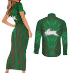 South Sydney Rabbitohs Rugby Mascot Couples Matching Short Sleeve Bodycon Dress and Long Sleeve Button Shirt Australian Rugby Culture - Tribal Inspired Bunny