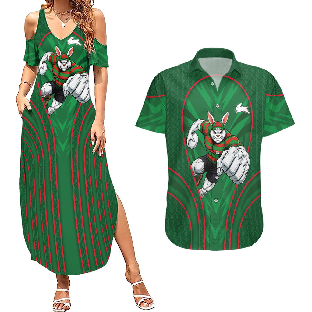 South Sydney Rabbitohs Rugby Mascot Couples Matching Summer Maxi Dress and Hawaiian Shirt Australian Rugby Culture - Tribal Inspired Bunny
