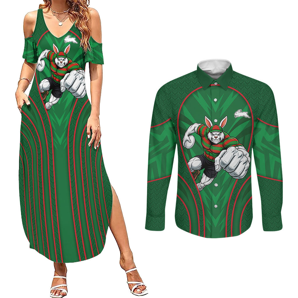 South Sydney Rabbitohs Rugby Mascot Couples Matching Summer Maxi Dress and Long Sleeve Button Shirt Australian Rugby Culture - Tribal Inspired Bunny