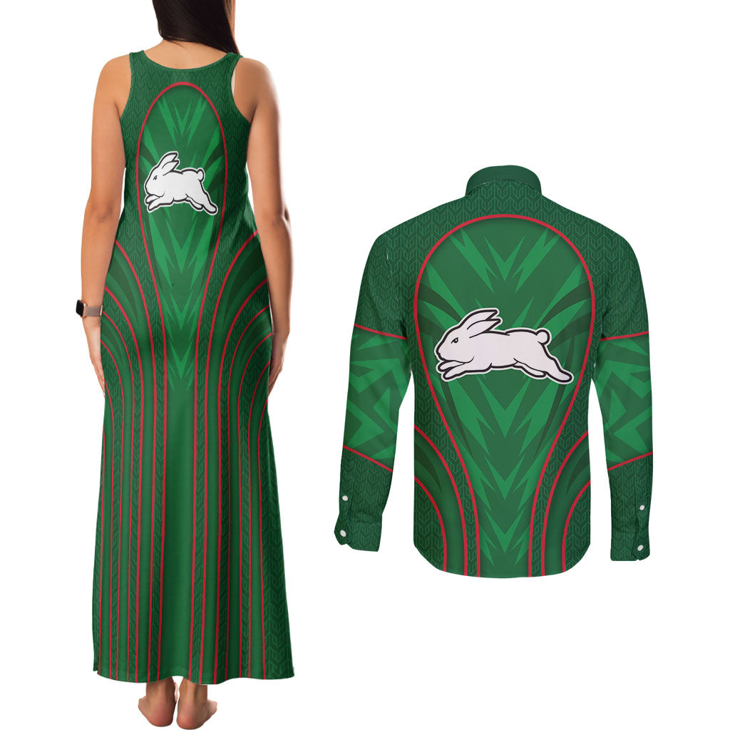South Sydney Rabbitohs Rugby Mascot Couples Matching Tank Maxi Dress and Long Sleeve Button Shirt Australian Rugby Culture - Tribal Inspired Bunny