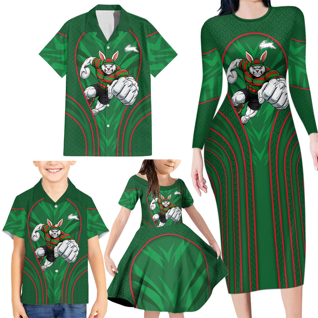 South Sydney Rabbitohs Rugby Mascot Family Matching Long Sleeve Bodycon Dress and Hawaiian Shirt Australian Rugby Culture - Tribal Inspired Bunny
