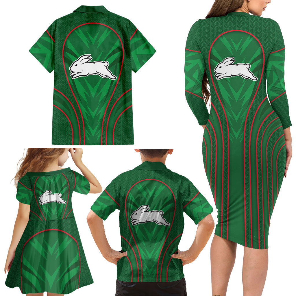 South Sydney Rabbitohs Rugby Mascot Family Matching Long Sleeve Bodycon Dress and Hawaiian Shirt Australian Rugby Culture - Tribal Inspired Bunny