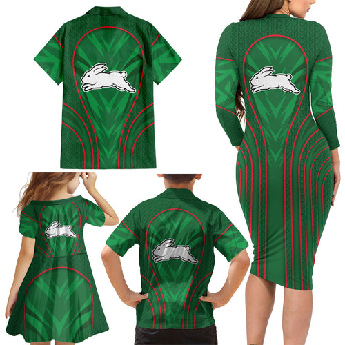 South Sydney Rabbitohs Rugby Mascot Family Matching Long Sleeve Bodycon Dress and Hawaiian Shirt Australian Rugby Culture - Tribal Inspired Bunny