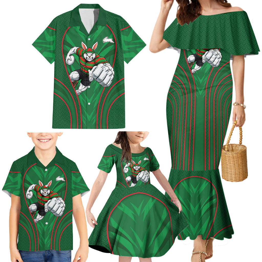 South Sydney Rabbitohs Rugby Mascot Family Matching Mermaid Dress and Hawaiian Shirt Australian Rugby Culture - Tribal Inspired Bunny