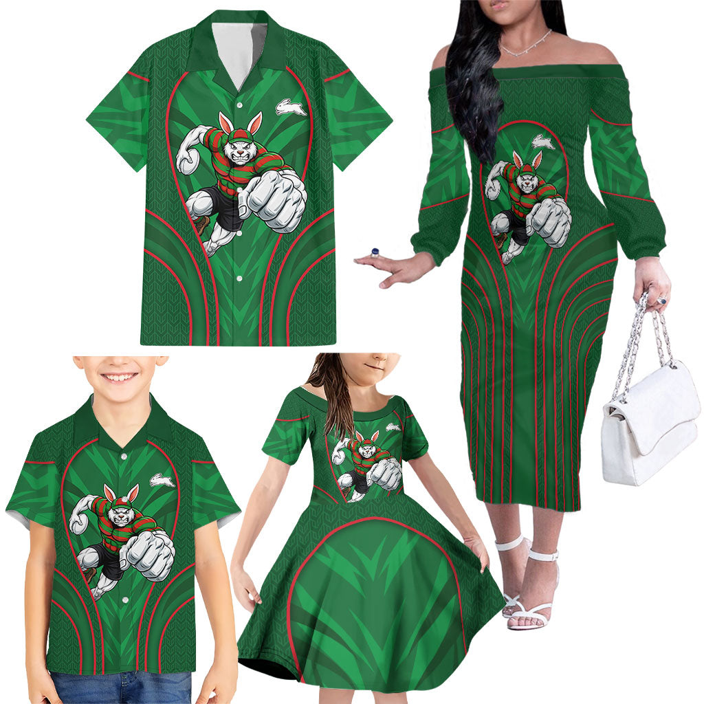 South Sydney Rabbitohs Rugby Mascot Family Matching Off The Shoulder Long Sleeve Dress and Hawaiian Shirt Australian Rugby Culture - Tribal Inspired Bunny